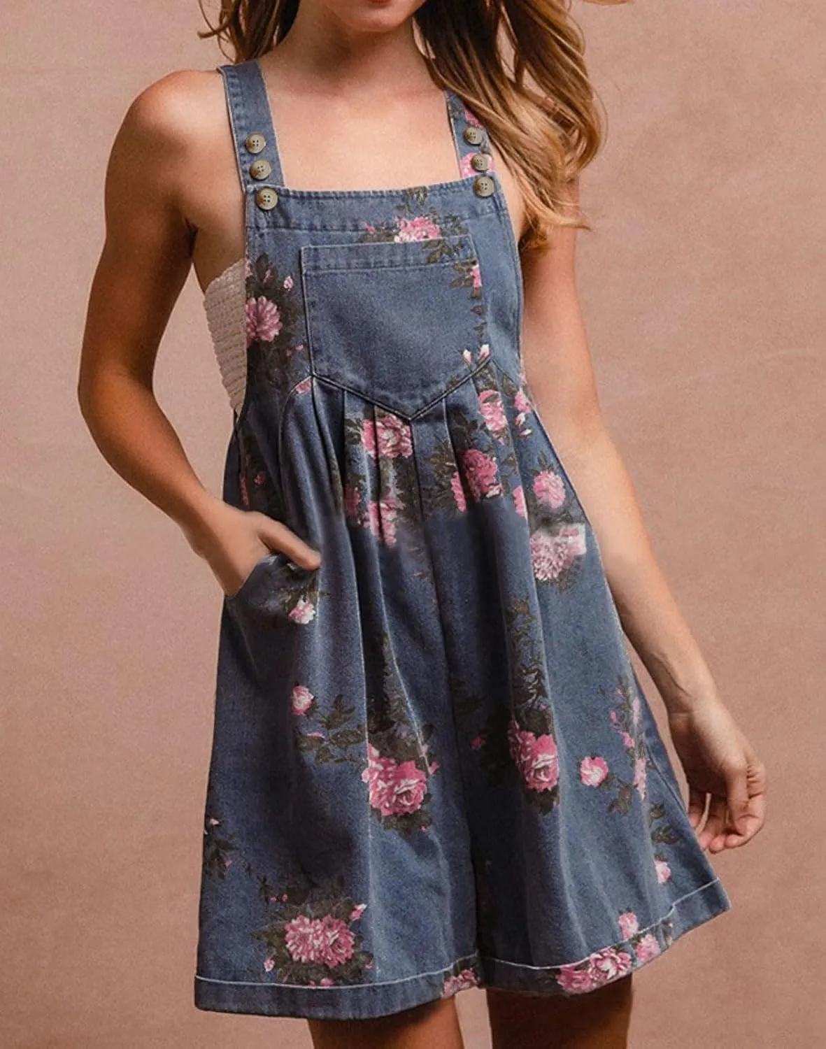 loveimgs Women Summer Straps Ruffle Short Denim Romper Floral Jean Overall Dress Cute Sleeveless Flared Jean Romper Y2k
