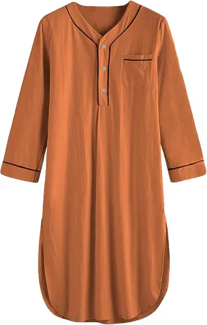 Maiyifu-GJ Mens Cotton Nightshirts V Neck Long Sleeve Button Down Nightgowns Summer Mid-Length Henley Sleepwear Sleepshirt