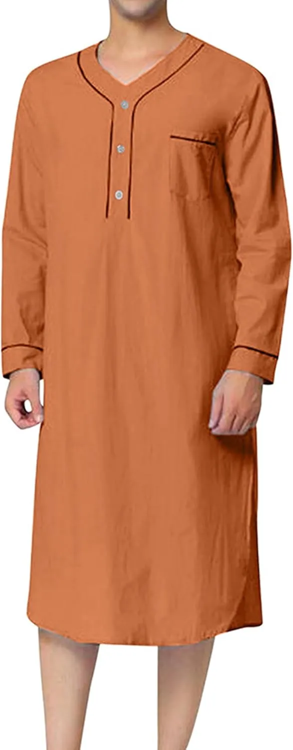 Maiyifu-GJ Mens Cotton Nightshirts V Neck Long Sleeve Button Down Nightgowns Summer Mid-Length Henley Sleepwear Sleepshirt