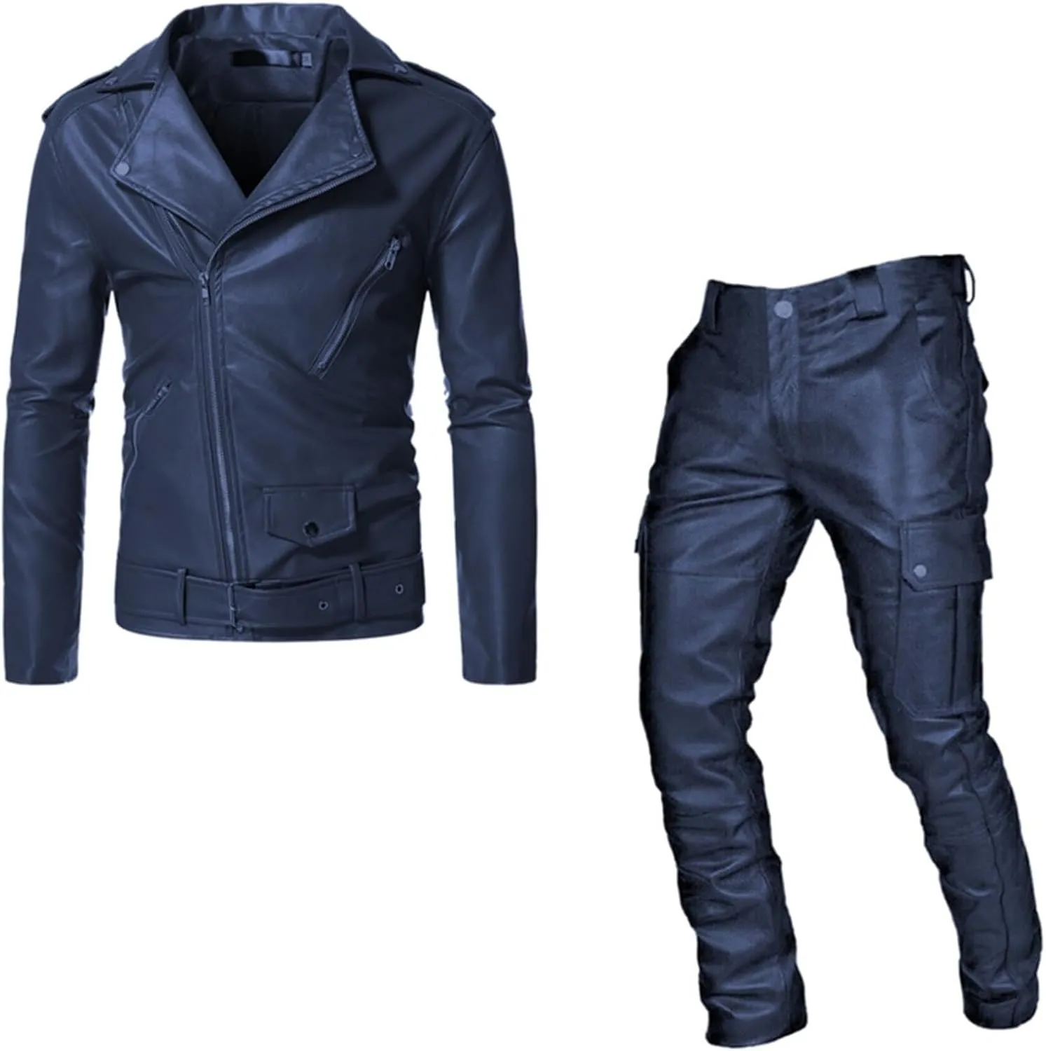 Male Punk Casual Suit Leather Leather Pants Set of Two Pieces Suit Jacket Men
