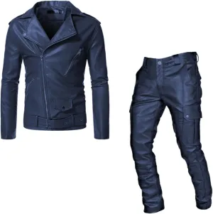 Male Punk Casual Suit Leather Leather Pants Set of Two Pieces Suit Jacket Men