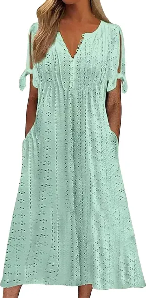 Maxi Dresses for Women 2025 Trendy Short Sleeve V Neck Eyelet Tshirt Dress Casual Plus Size Summer Beach Vacation Sundress