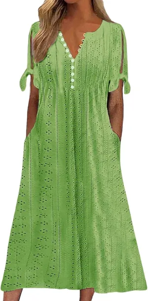 Maxi Dresses for Women 2025 Trendy Short Sleeve V Neck Eyelet Tshirt Dress Casual Plus Size Summer Beach Vacation Sundress