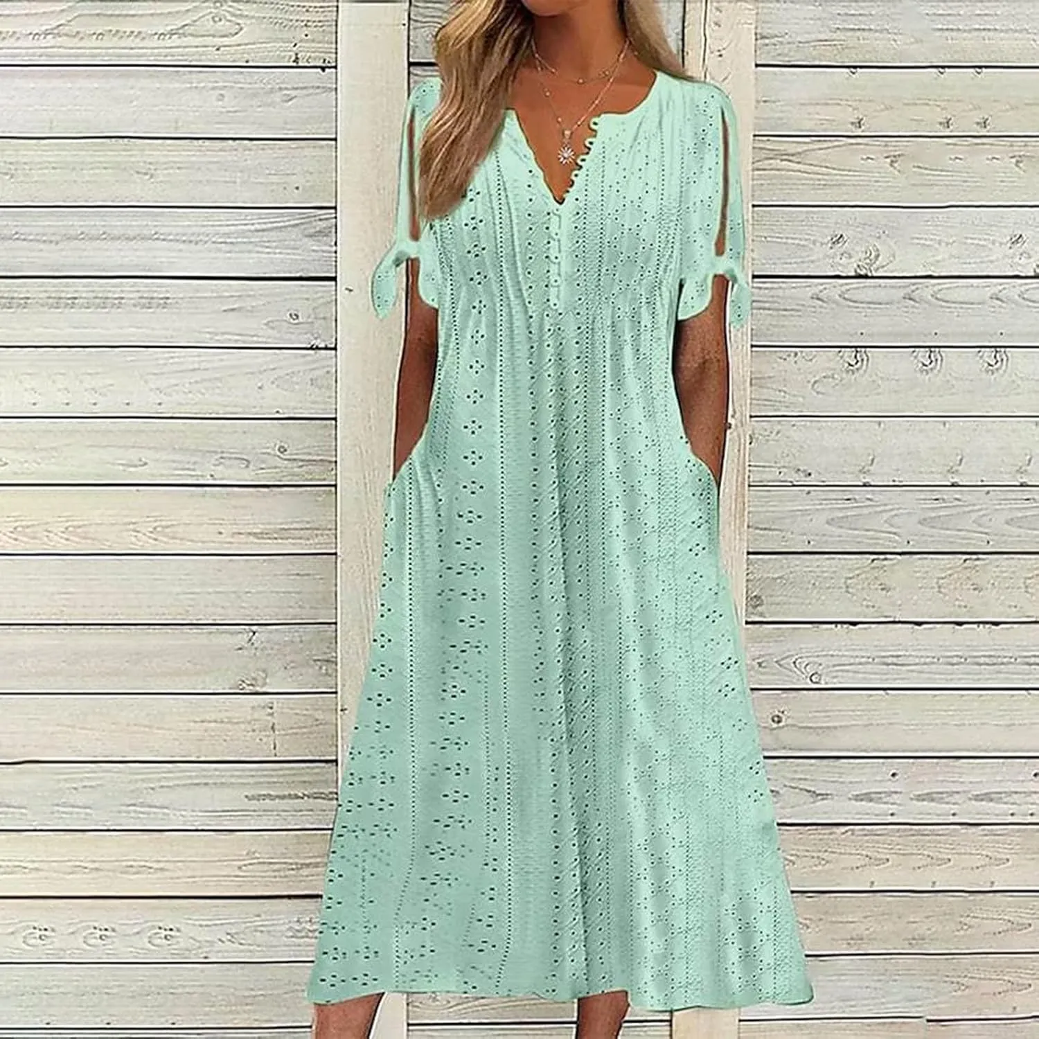 Maxi Dresses for Women 2025 Trendy Short Sleeve V Neck Eyelet Tshirt Dress Casual Plus Size Summer Beach Vacation Sundress