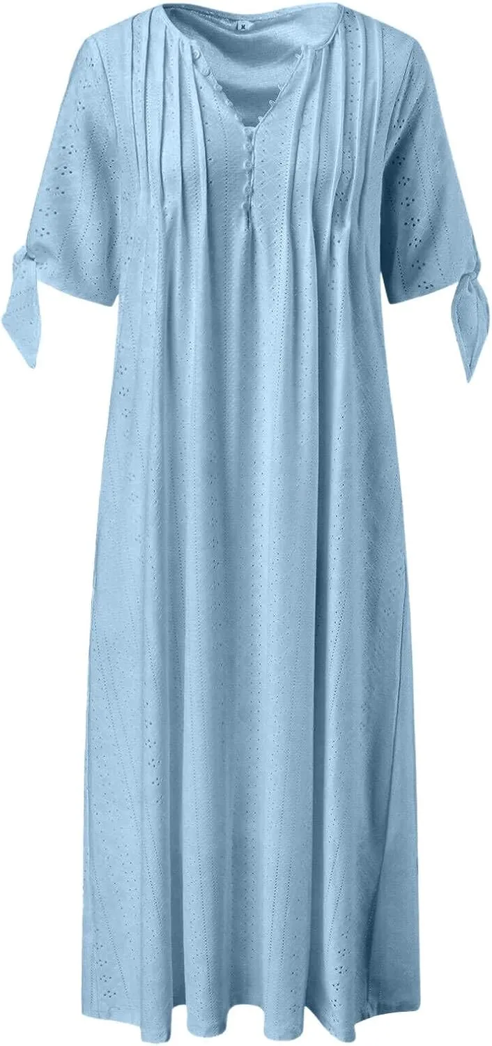 Maxi Dresses for Women 2025 Trendy Short Sleeve V Neck Eyelet Tshirt Dress Casual Plus Size Summer Beach Vacation Sundress