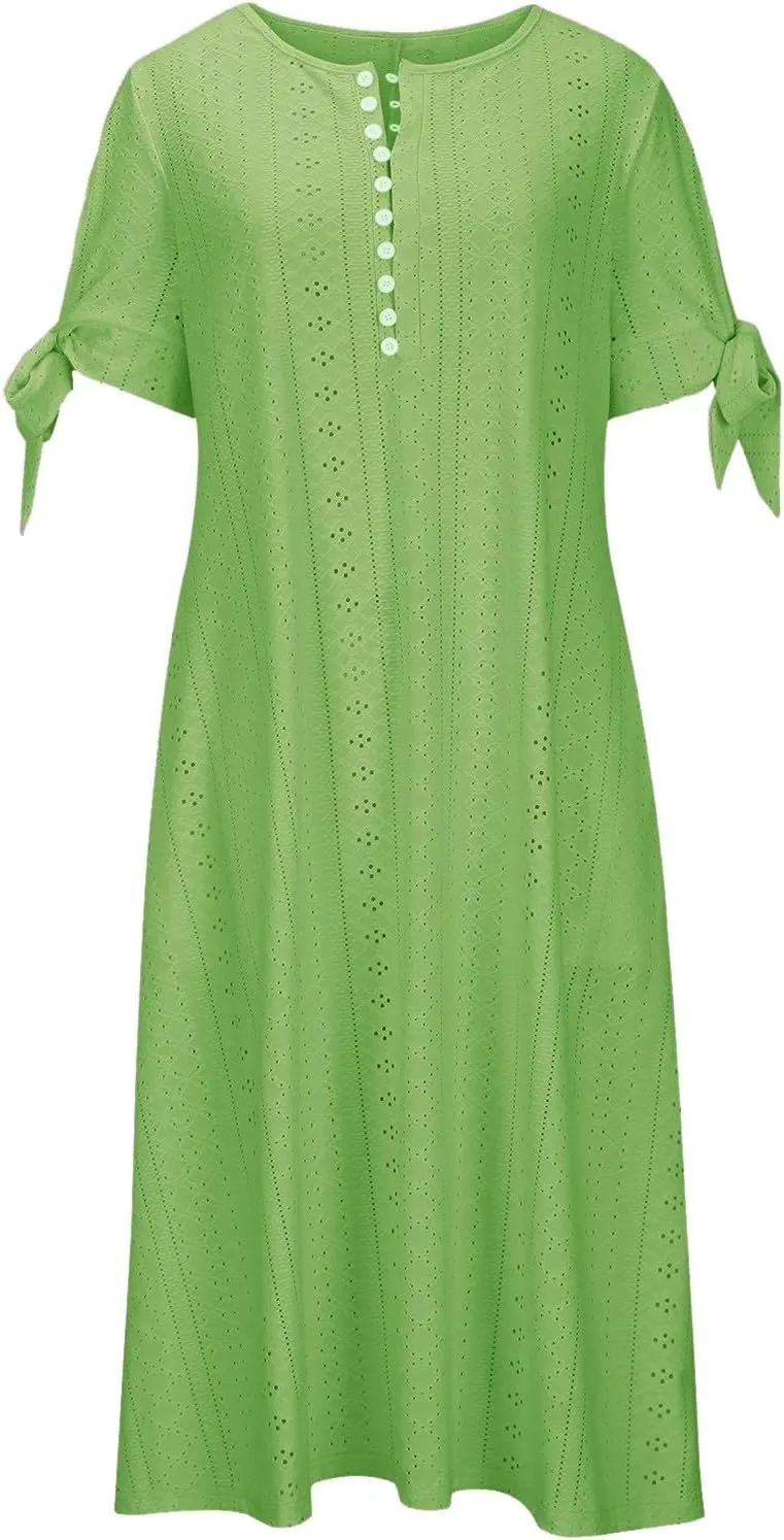Maxi Dresses for Women 2025 Trendy Short Sleeve V Neck Eyelet Tshirt Dress Casual Plus Size Summer Beach Vacation Sundress