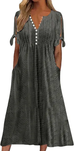 Maxi Dresses for Women 2025 Trendy Short Sleeve V Neck Eyelet Tshirt Dress Casual Plus Size Summer Beach Vacation Sundress