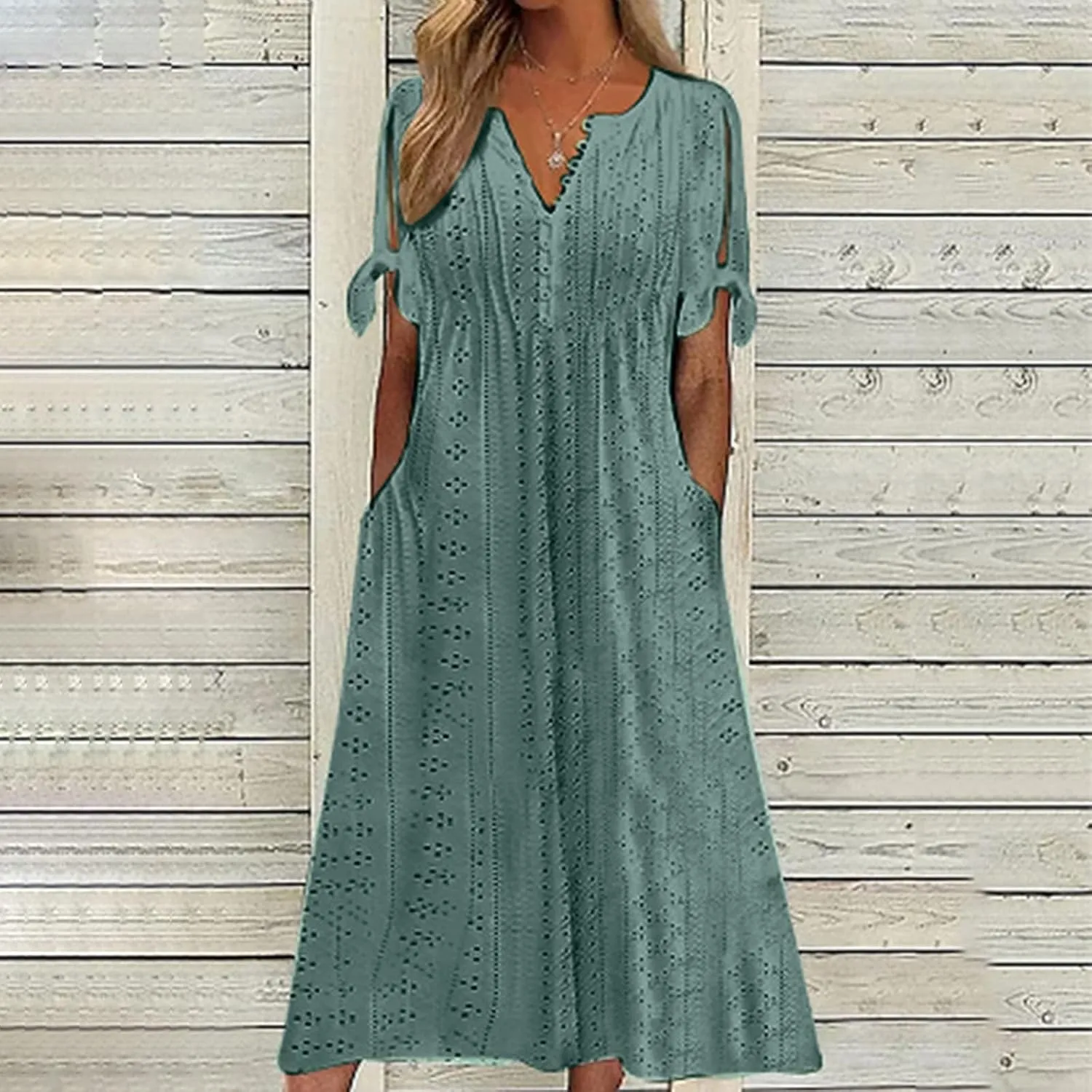 Maxi Dresses for Women 2025 Trendy Short Sleeve V Neck Eyelet Tshirt Dress Casual Plus Size Summer Beach Vacation Sundress