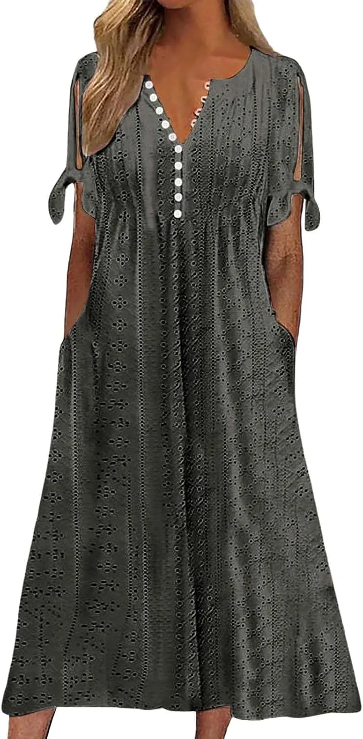 Maxi Dresses for Women 2025 Trendy Short Sleeve V Neck Eyelet Tshirt Dress Casual Plus Size Summer Beach Vacation Sundress