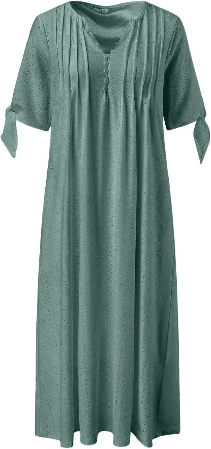 Maxi Dresses for Women 2025 Trendy Short Sleeve V Neck Eyelet Tshirt Dress Casual Plus Size Summer Beach Vacation Sundress