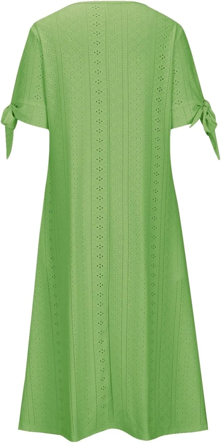 Maxi Dresses for Women 2025 Trendy Short Sleeve V Neck Eyelet Tshirt Dress Casual Plus Size Summer Beach Vacation Sundress