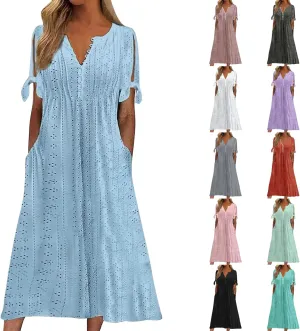 Maxi Dresses for Women 2025 Trendy Short Sleeve V Neck Eyelet Tshirt Dress Casual Plus Size Summer Beach Vacation Sundress