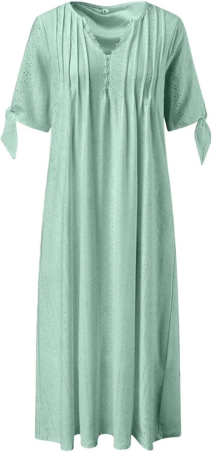 Maxi Dresses for Women 2025 Trendy Short Sleeve V Neck Eyelet Tshirt Dress Casual Plus Size Summer Beach Vacation Sundress