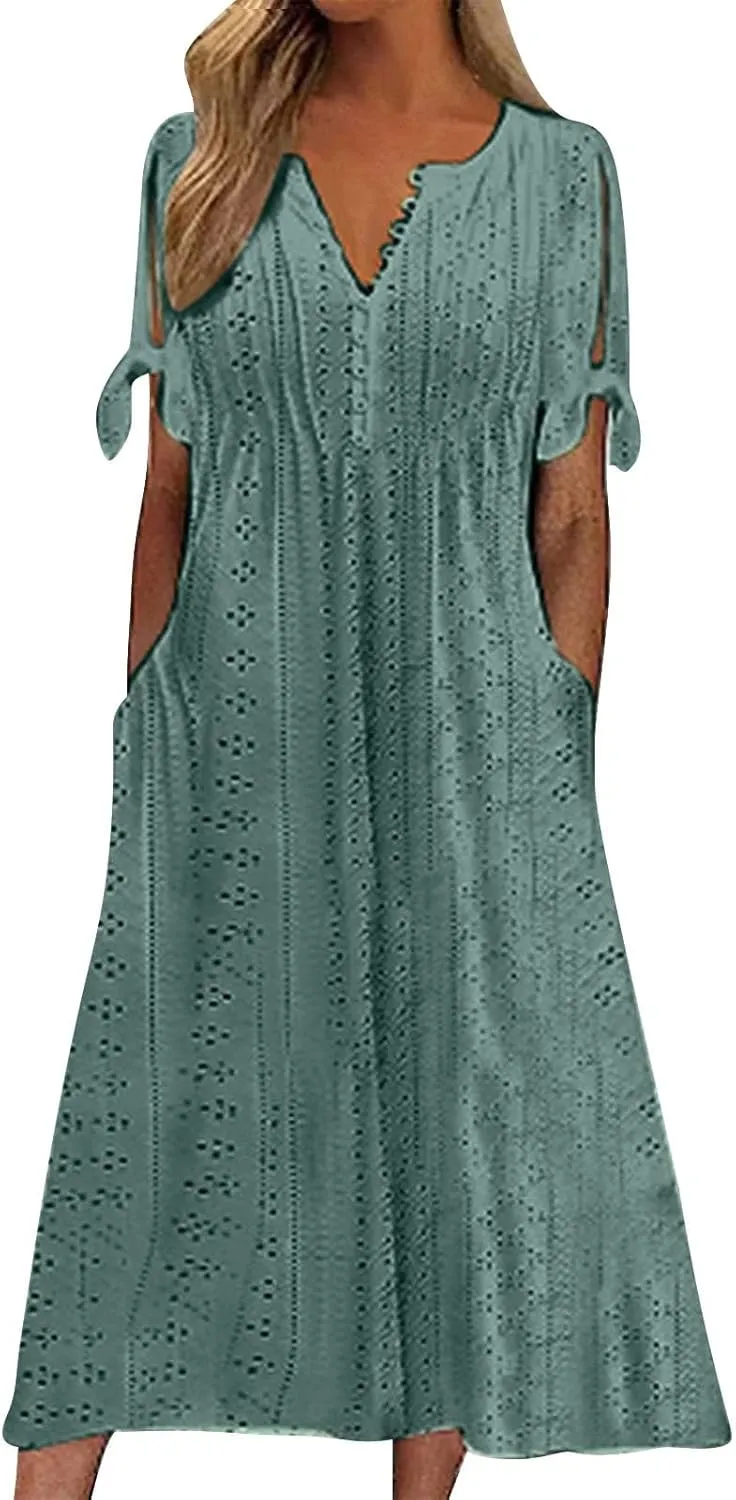 Maxi Dresses for Women 2025 Trendy Short Sleeve V Neck Eyelet Tshirt Dress Casual Plus Size Summer Beach Vacation Sundress