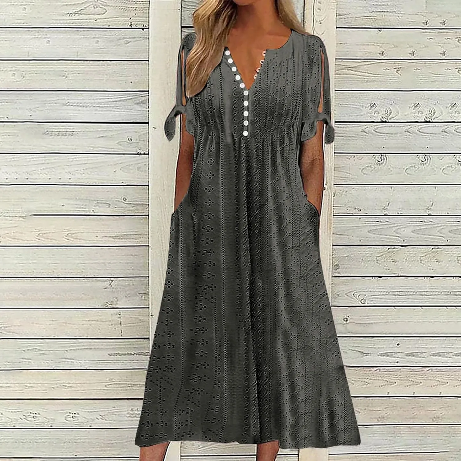 Maxi Dresses for Women 2025 Trendy Short Sleeve V Neck Eyelet Tshirt Dress Casual Plus Size Summer Beach Vacation Sundress