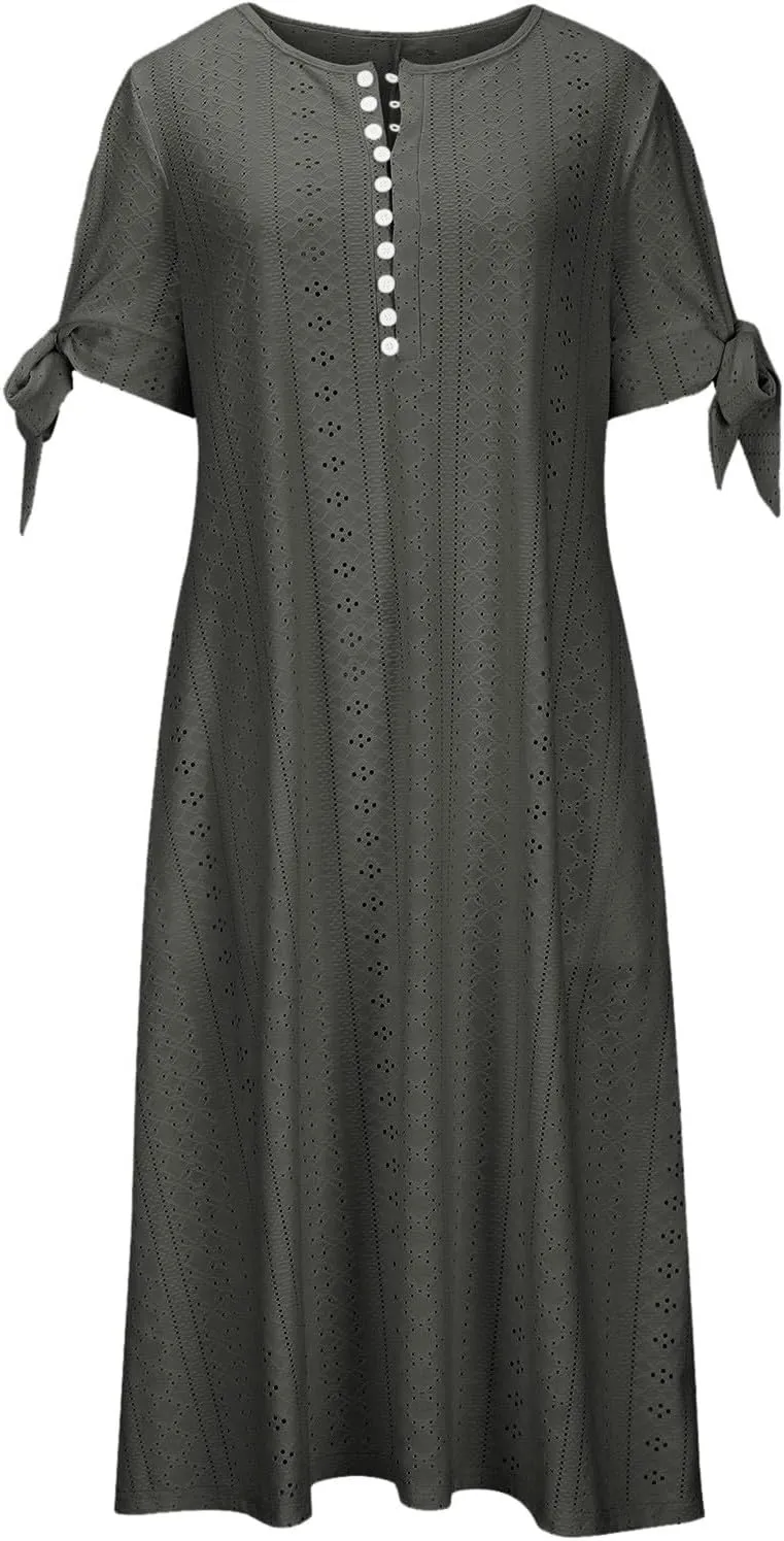 Maxi Dresses for Women 2025 Trendy Short Sleeve V Neck Eyelet Tshirt Dress Casual Plus Size Summer Beach Vacation Sundress