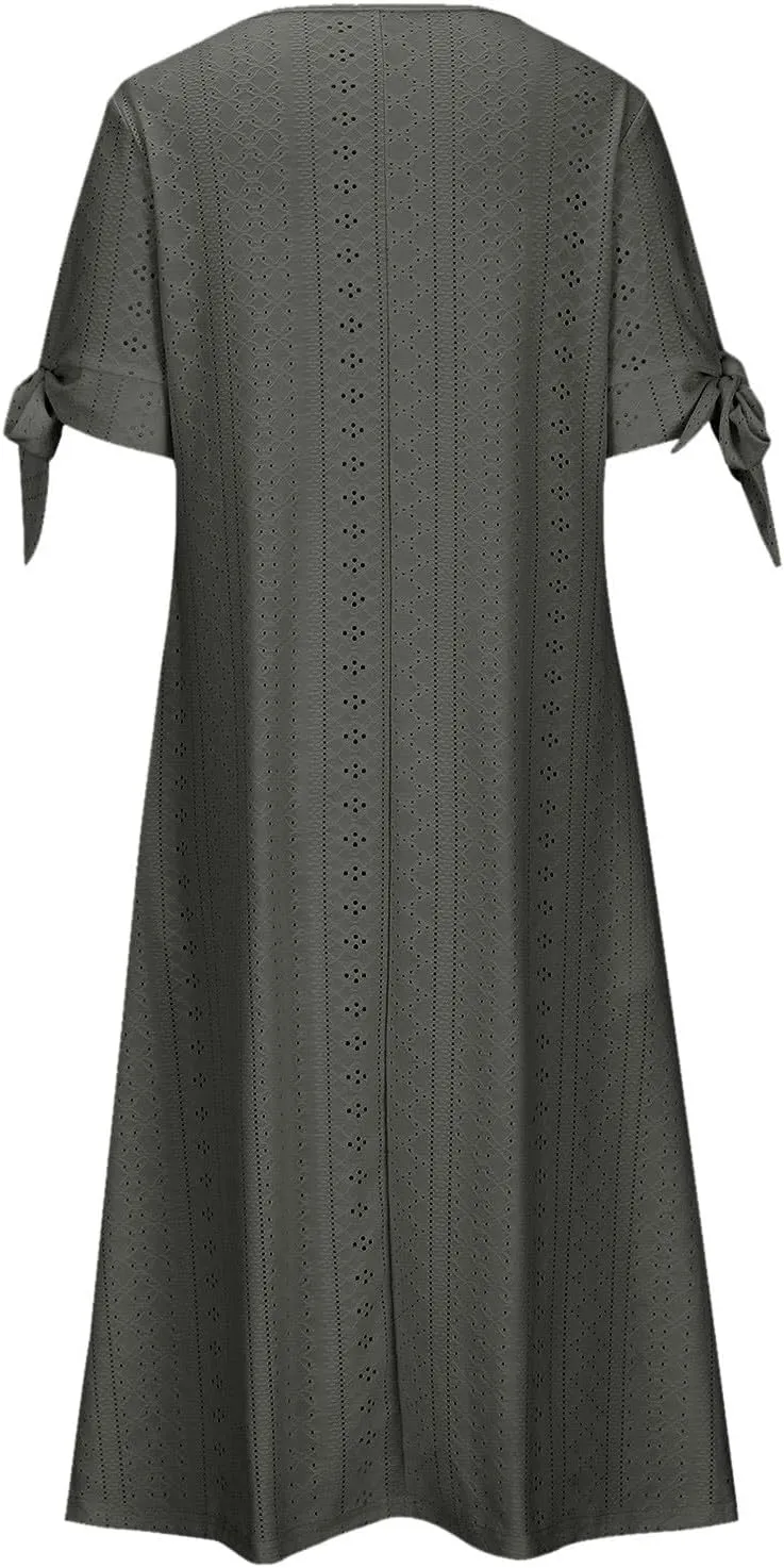 Maxi Dresses for Women 2025 Trendy Short Sleeve V Neck Eyelet Tshirt Dress Casual Plus Size Summer Beach Vacation Sundress
