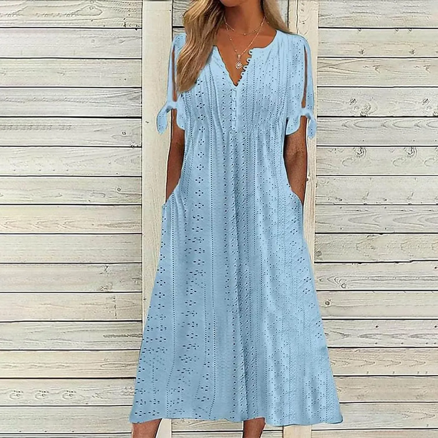 Maxi Dresses for Women 2025 Trendy Short Sleeve V Neck Eyelet Tshirt Dress Casual Plus Size Summer Beach Vacation Sundress