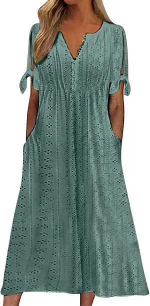 Maxi Dresses for Women 2025 Trendy Short Sleeve V Neck Eyelet Tshirt Dress Casual Plus Size Summer Beach Vacation Sundress
