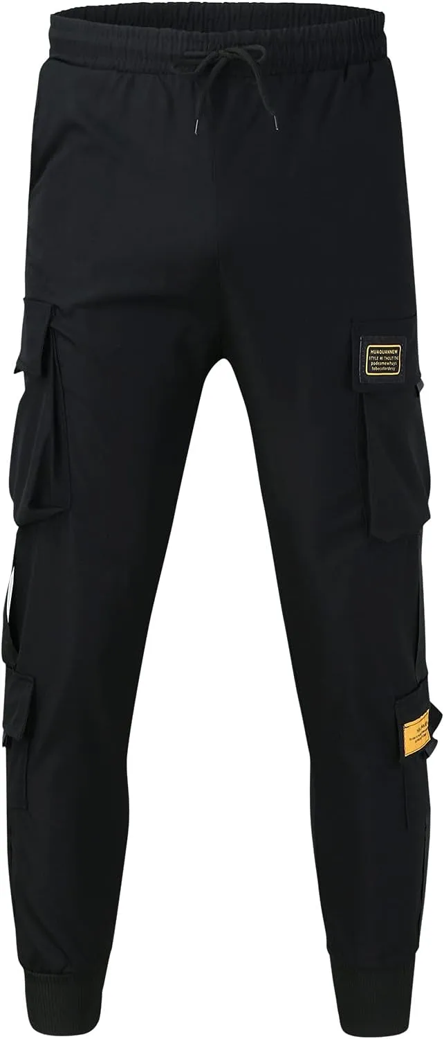 Men Casual Cargo Pants Street Tapered Cotton Run Elastic Waist Multipocket Quick-Dry Drawstring Fitness Work Pant