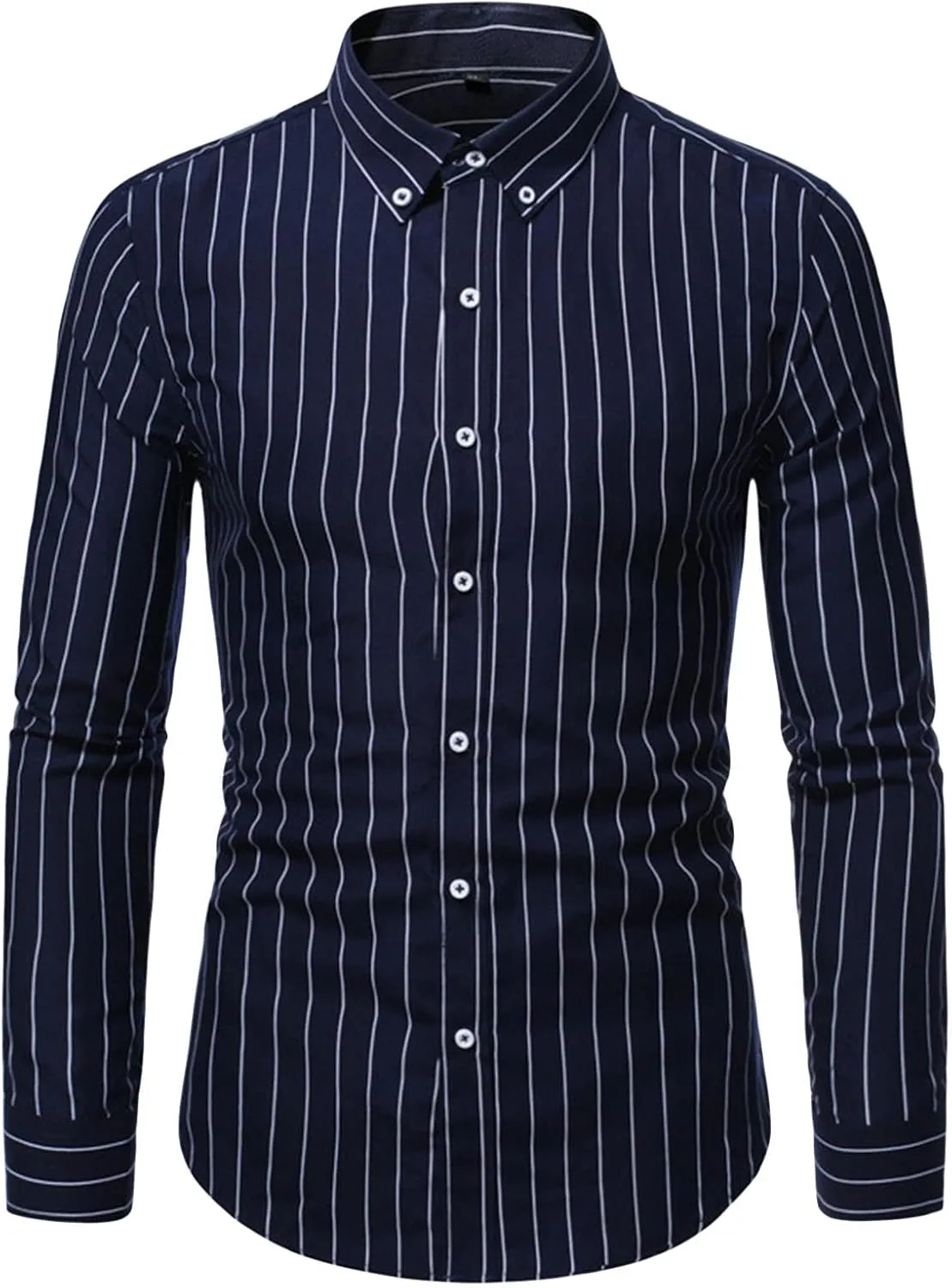 Men Casual Long Sleeve Striped Polyester Shirt Vintage Button Up Casual Dress Shirt Vertical Striped Slim Shirt