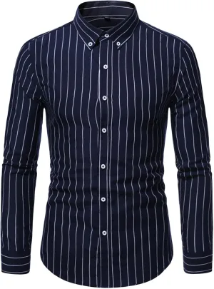 Men Casual Long Sleeve Striped Polyester Shirt Vintage Button Up Casual Dress Shirt Vertical Striped Slim Shirt