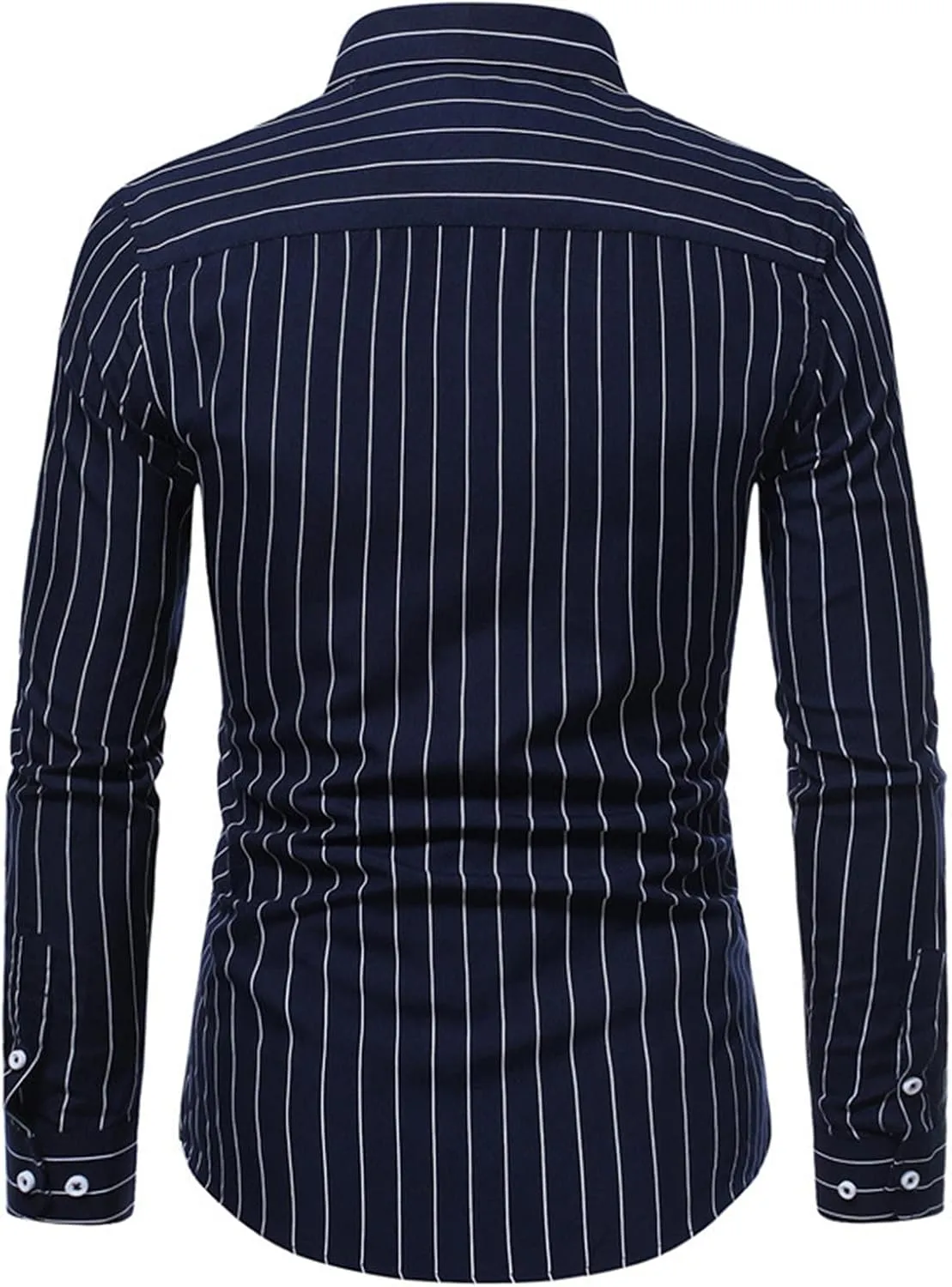 Men Casual Long Sleeve Striped Polyester Shirt Vintage Button Up Casual Dress Shirt Vertical Striped Slim Shirt