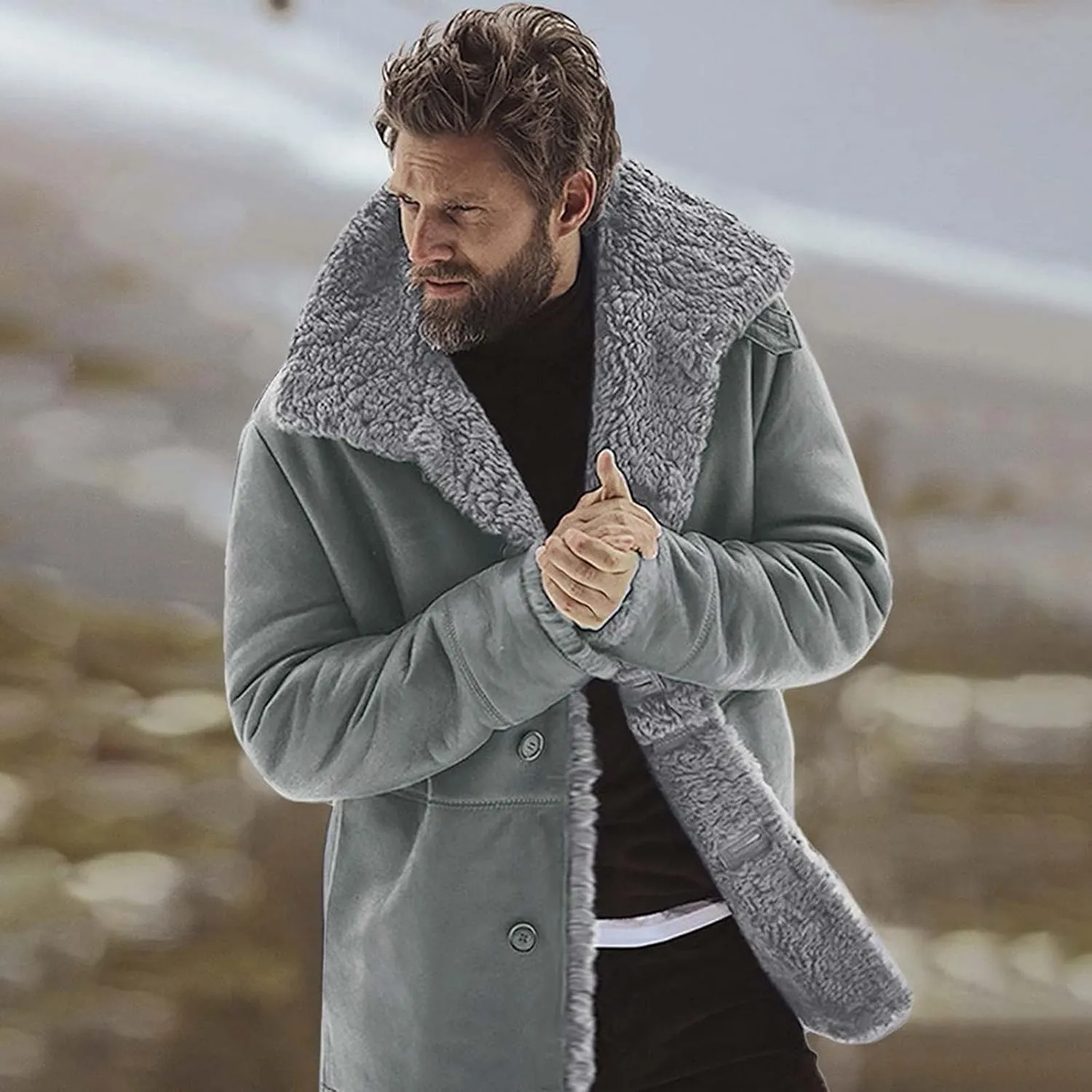 Men Sherpa Jackets Fleece Lined Faux Leather Coat Heavyweight Suede Faux Fur Trench-Coats Long Sleeve Top with Pocket