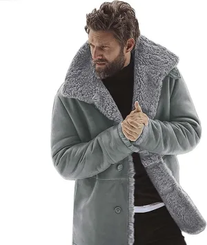 Men Sherpa Jackets Fleece Lined Faux Leather Coat Heavyweight Suede Faux Fur Trench-Coats Long Sleeve Top with Pocket