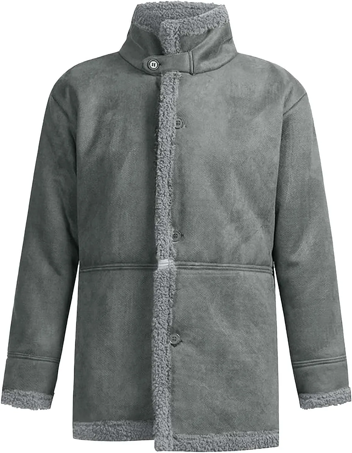 Men Sherpa Jackets Fleece Lined Faux Leather Coat Heavyweight Suede Faux Fur Trench-Coats Long Sleeve Top with Pocket