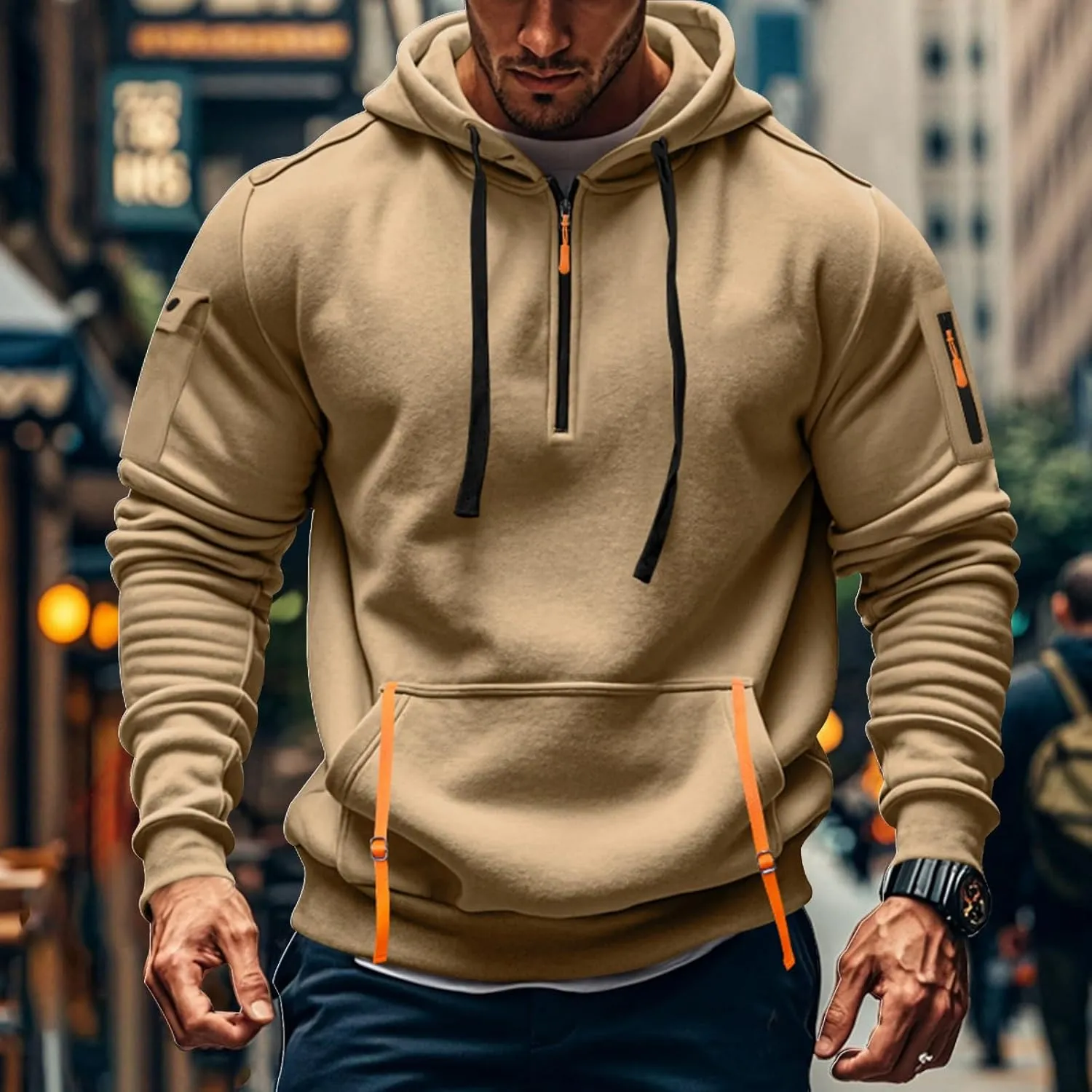 Mens 1/4 Zip Pullover Hoodie with Pocket Design Oversized Hoodies for Men Street Style Casual Wear Sweatshirt