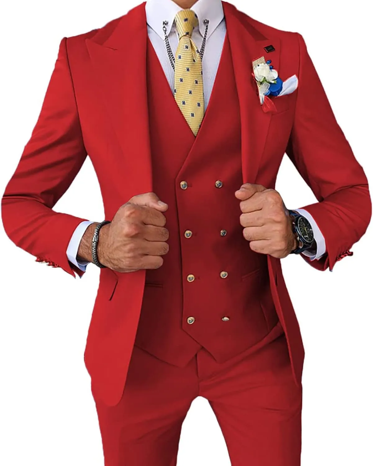 Men's 3 Pieces Suit Slim Fit Double Breasted Suit Prom Tuxedos for Wedding Groom One Button Business Suit
