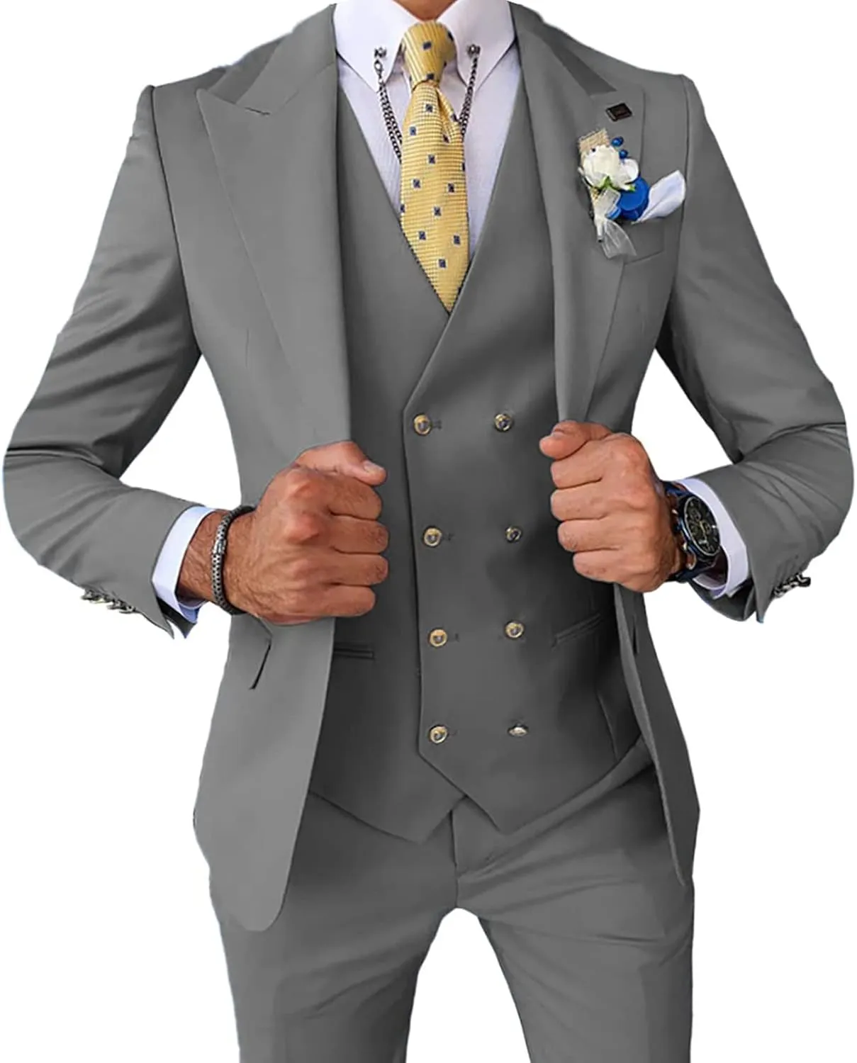 Men's 3 Pieces Suit Slim Fit Double Breasted Suit Prom Tuxedos for Wedding Groom One Button Business Suit