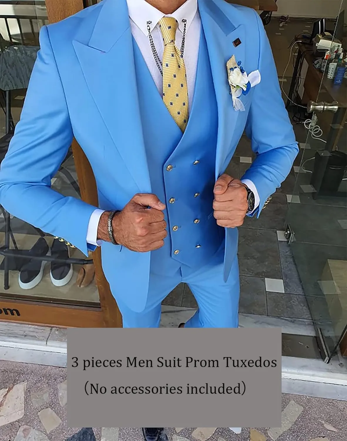 Men's 3 Pieces Suit Slim Fit Double Breasted Suit Prom Tuxedos for Wedding Groom One Button Business Suit