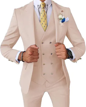 Men's 3 Pieces Suit Slim Fit Double Breasted Suit Prom Tuxedos for Wedding Groom One Button Business Suit