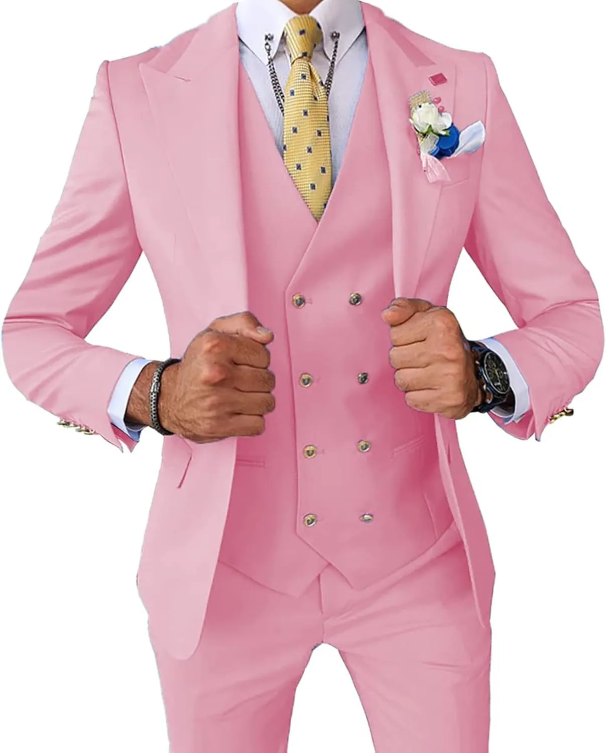Men's 3 Pieces Suit Slim Fit Double Breasted Suit Prom Tuxedos for Wedding Groom One Button Business Suit
