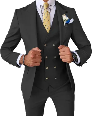 Men's 3 Pieces Suit Slim Fit Double Breasted Suit Prom Tuxedos for Wedding Groom One Button Business Suit