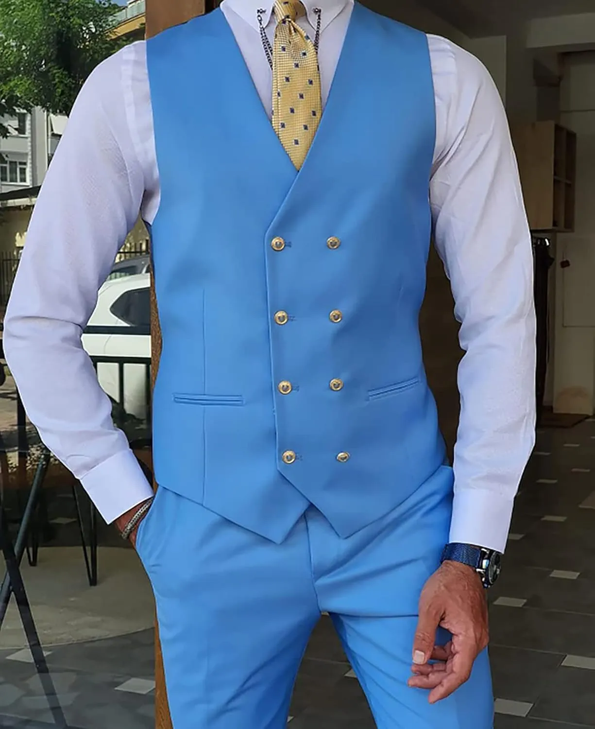 Men's 3 Pieces Suit Slim Fit Double Breasted Suit Prom Tuxedos for Wedding Groom One Button Business Suit