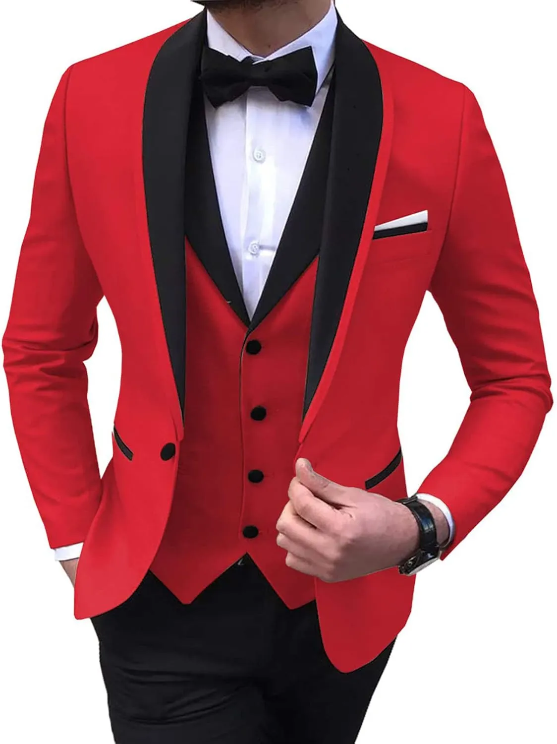 Men's 3 Pieces Suit Slim Fit Shawl Lapel Blazer Prom Tuxedos Wedding Groom Suit Black Pants Suit for Men