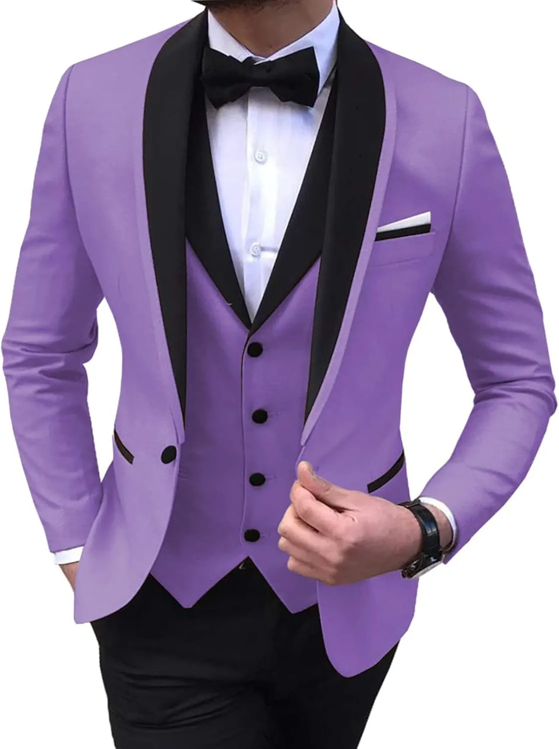 Men's 3 Pieces Suit Slim Fit Shawl Lapel Blazer Prom Tuxedos Wedding Groom Suit Black Pants Suit for Men