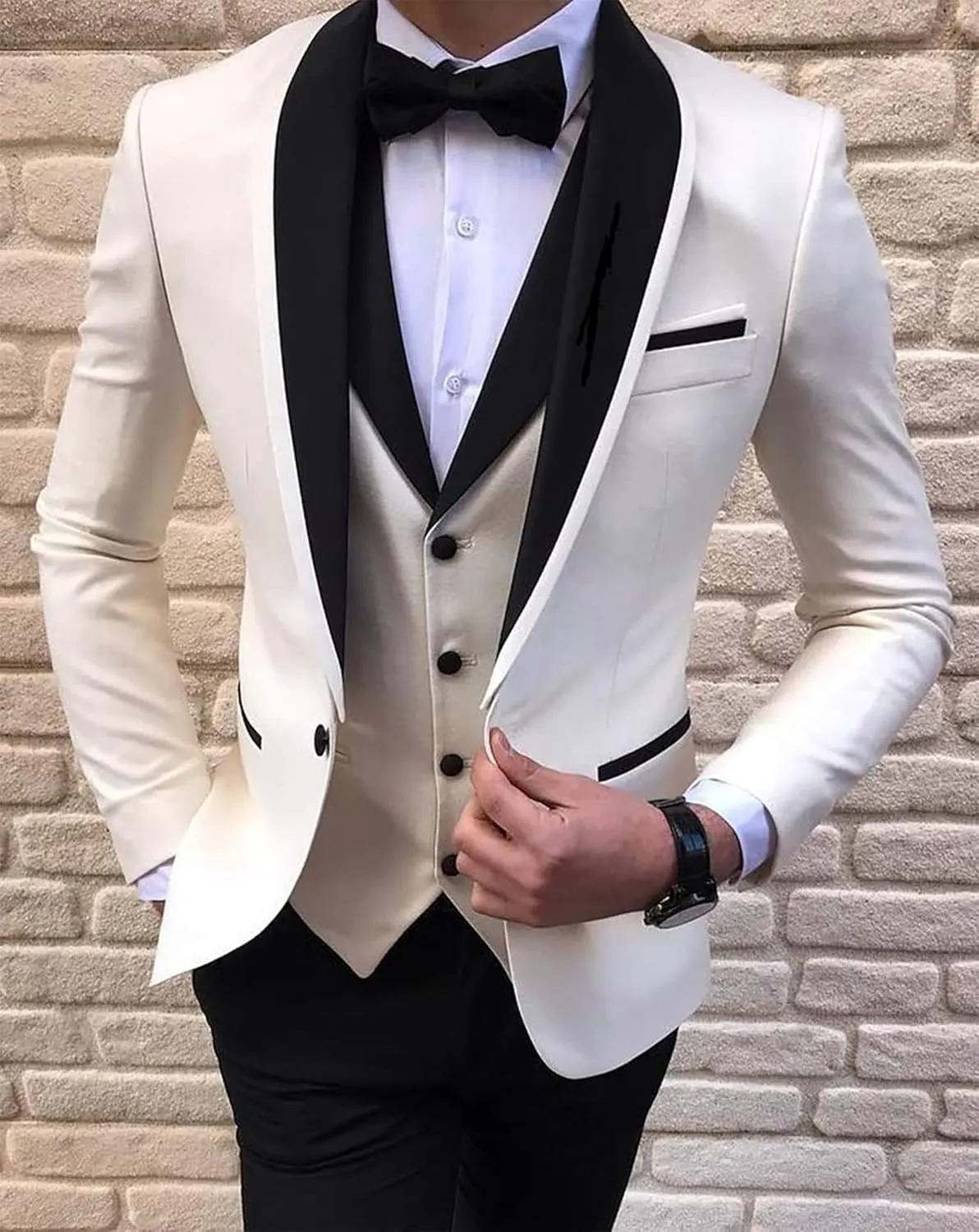 Men's 3 Pieces Suit Slim Fit Shawl Lapel Blazer Prom Tuxedos Wedding Groom Suit Black Pants Suit for Men