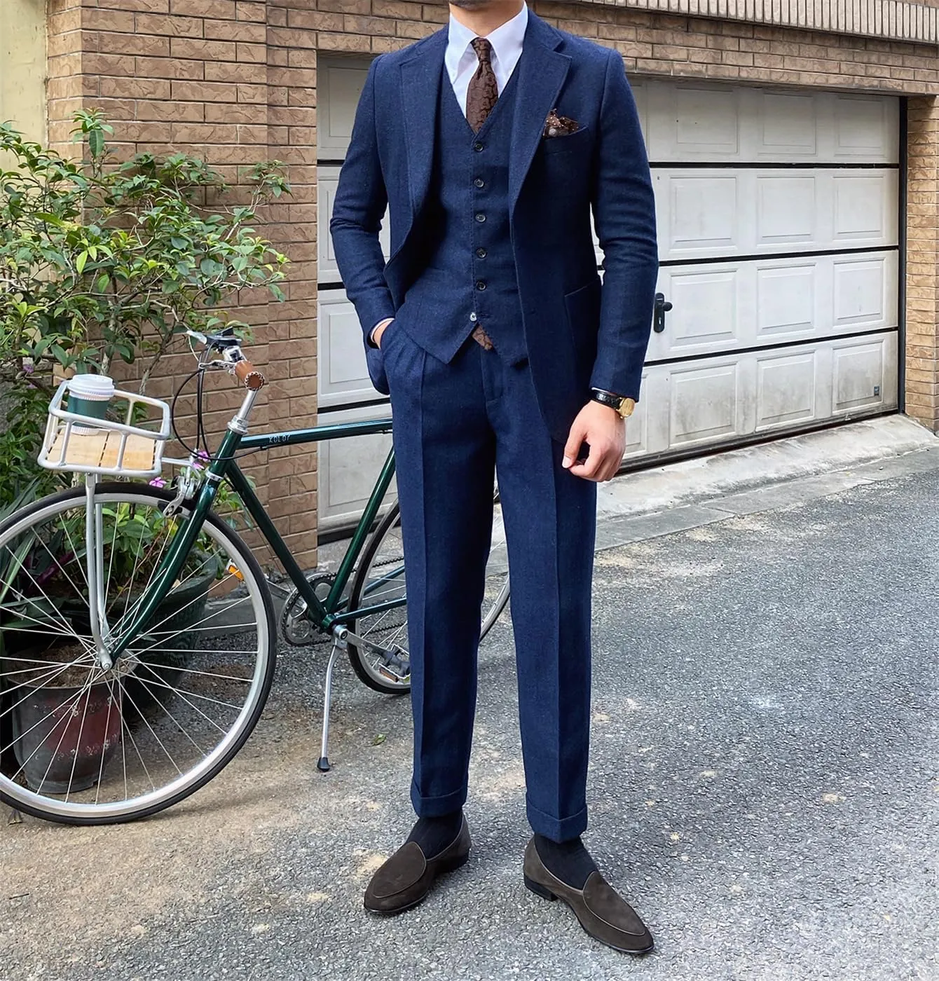 Men's 3 Pieces Suit Slim Fit Suit Tweed Herringbone Business Suit Pants Set for Wedding Party(Blazer Vest Pants)