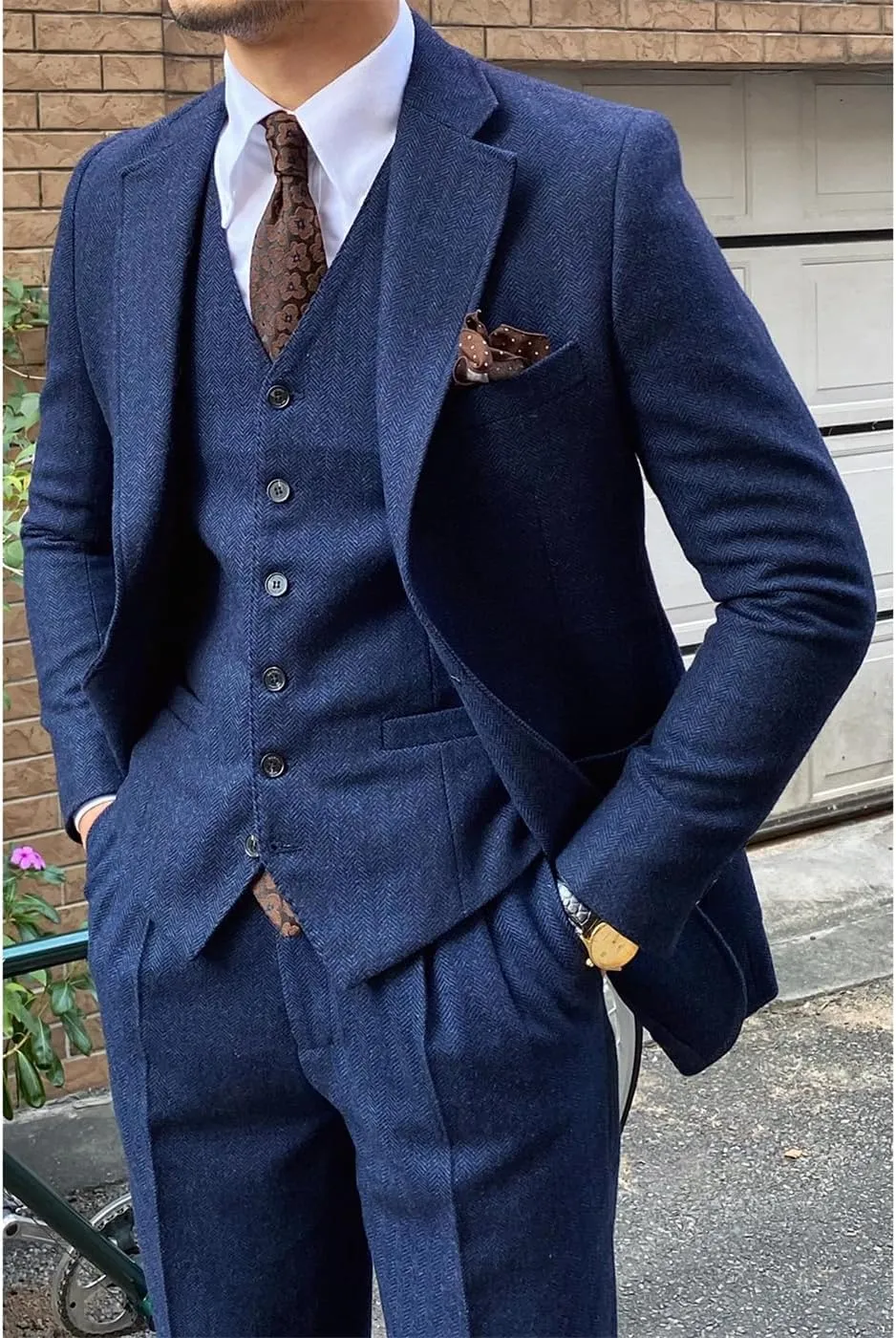 Men's 3 Pieces Suit Slim Fit Suit Tweed Herringbone Business Suit Pants Set for Wedding Party(Blazer Vest Pants)