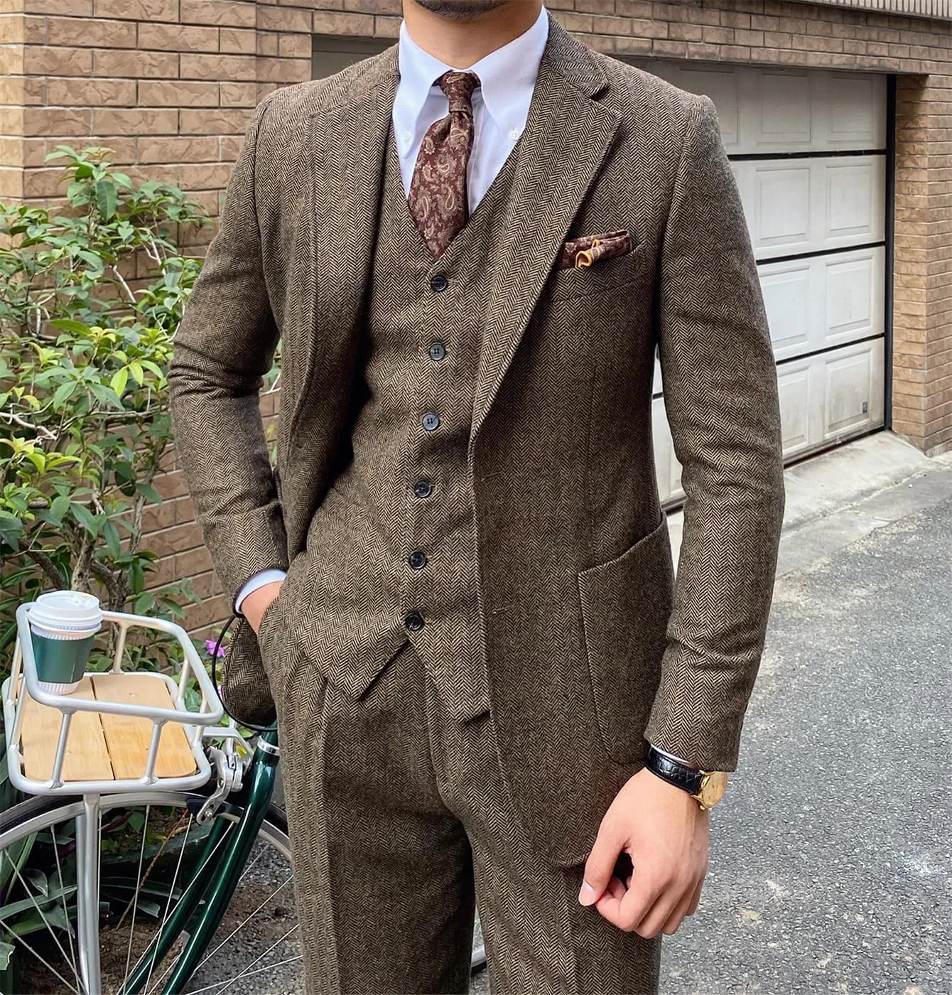 Men's 3 Pieces Suit Slim Fit Suit Tweed Herringbone Business Suit Pants Set for Wedding Party(Blazer Vest Pants)