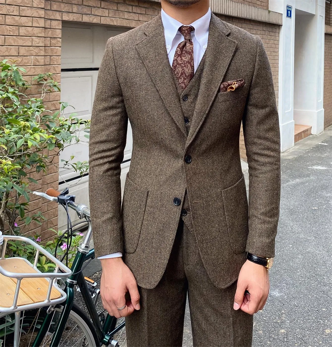 Men's 3 Pieces Suit Slim Fit Suit Tweed Herringbone Business Suit Pants Set for Wedding Party(Blazer Vest Pants)