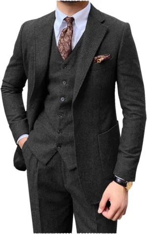 Men's 3 Pieces Suit Slim Fit Suit Tweed Herringbone Business Suit Pants Set for Wedding Party(Blazer Vest Pants)