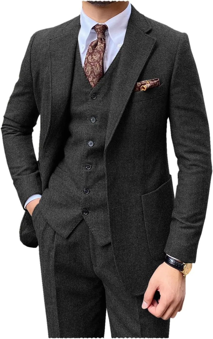 Men's 3 Pieces Suit Slim Fit Suit Tweed Herringbone Business Suit Pants Set for Wedding Party(Blazer Vest Pants)