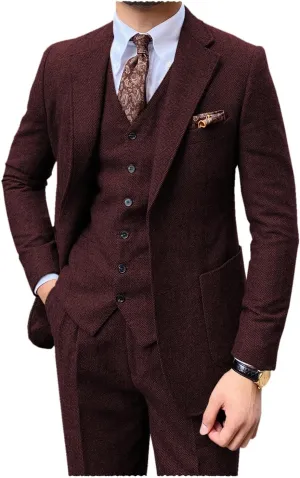 Men's 3 Pieces Suit Slim Fit Suit Tweed Herringbone Business Suit Pants Set for Wedding Party(Blazer Vest Pants)