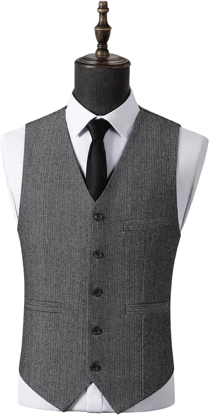 Men's 3 Pieces Suit Slim Fit Suit Tweed Herringbone Business Suit Pants Set for Wedding Party(Blazer Vest Pants)