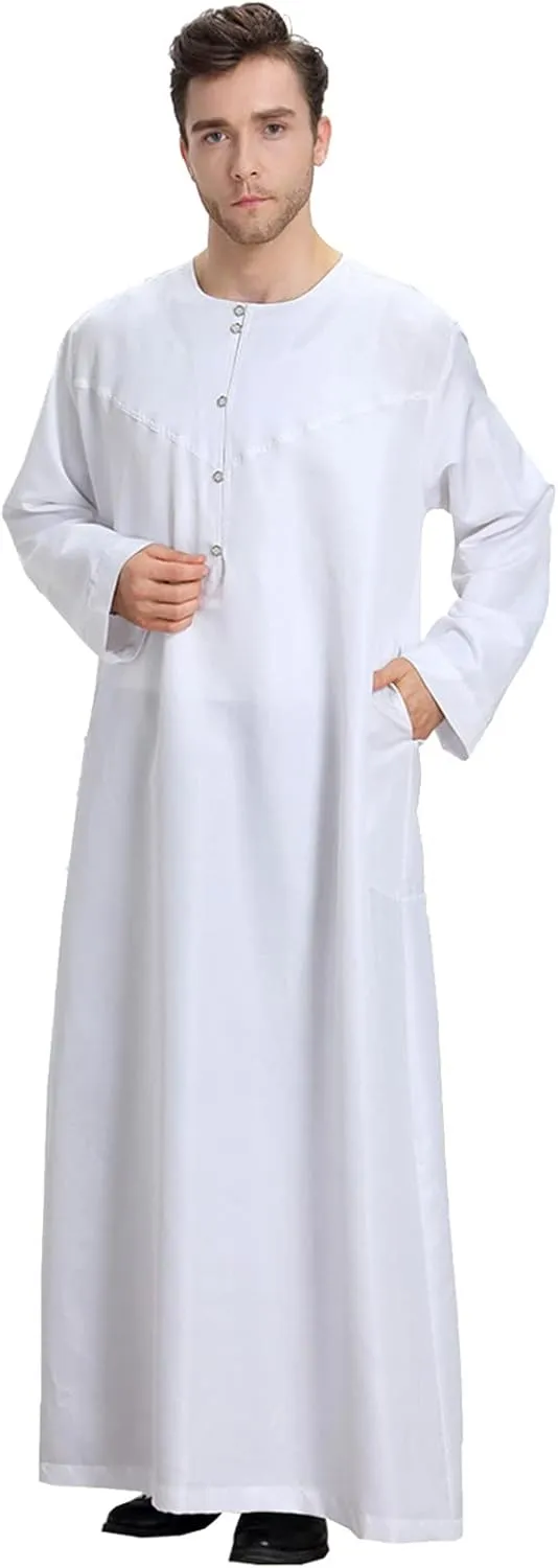 Mens Abaya Thobe Arabic Muslim Round Neck Long Sleeve Button Down Solid Islam Robe with Pockets Prayer Hijab Gowns